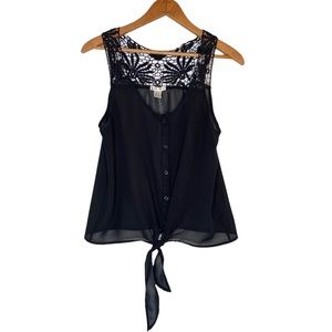 Bozzolo Black Sheer Crochet Bottom Tie Button Down Blouse Sleeveless Tank Top